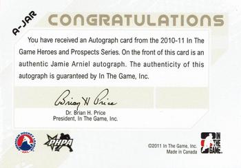 2010-11 In The Game Heroes and Prospects - Autographs #A-JAR Jamie Arniel  Back
