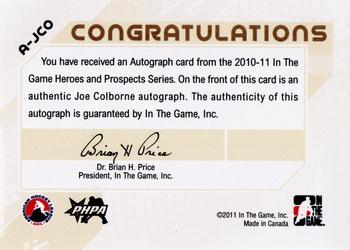 2010-11 In The Game Heroes and Prospects - Autographs #A-JCO Joe Colborne  Back