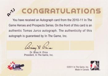 2010-11 In The Game Heroes and Prospects - Autographs #A-TJ Tomas Jurco  Back