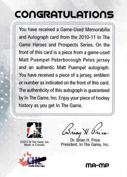 2010-11 In The Game Heroes and Prospects - Game Used Numbers Autographs Silver #MAMP Matt Puempel  Back