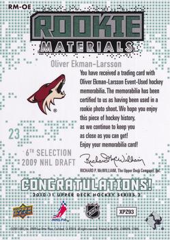 2010-11 Upper Deck - Rookie Materials #RM-OE Oliver Ekman-Larsson  Back