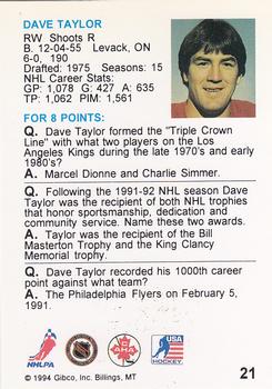 1994 Hockey Wit #21 Dave Taylor Back
