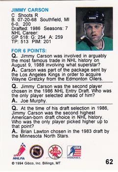 1994 Hockey Wit #62 Jimmy Carson Back