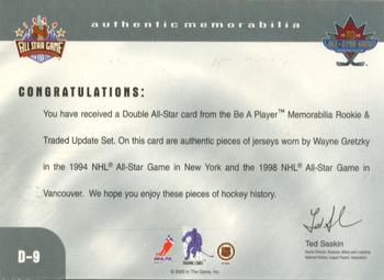 1999-00 Be a Player Memorabilia - Update Double All Star Jerseys #D-9 Wayne Gretzky  Back