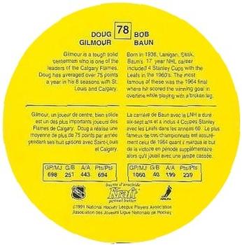 1991-92 Kraft #78 Doug Gilmour / Bob Baun Back