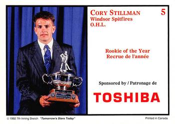 1991 7th Inning Sketch CHL Award Winners #5 Cory Stillman Back