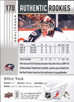 2011-12 SP Game Used #170 Allen York Back