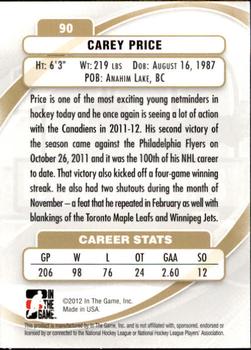 2011-12 In The Game Between The Pipes #90 Carey Price Back