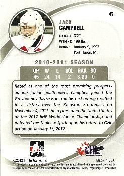 2011-12 In The Game Between The Pipes #6 Jack Campbell Back
