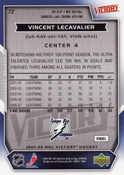 2007-08 Upper Deck Victory #72 Vincent Lecavalier Back