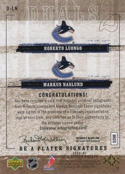 2006-07 Be A Player - Be a Player Signatures Duals #D-LN Markus Naslund / Roberto Luongo Back