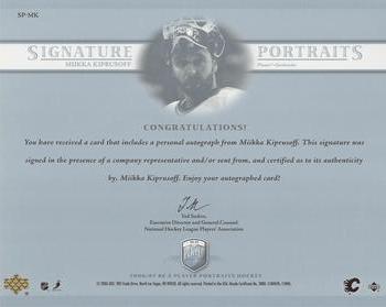 2006-07 Be A Player Portraits - Signature Portraits #SP-MK Miikka Kiprusoff Back