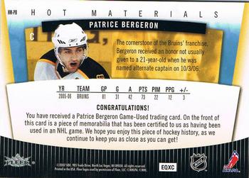 2006-07 Fleer Hot Prospects - Hot Materials Red Hot #HM-PB Patrice Bergeron Back