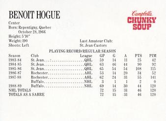 1989-90 Campbell's Buffalo Sabres #8 Benoit Hogue Back