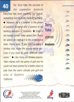 1994 Upper Deck NHLPA/Be A Player #40 Terry Yake Back