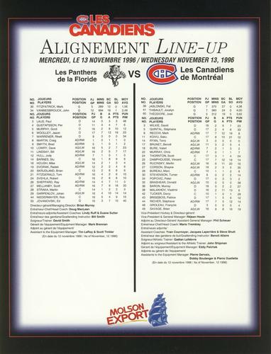 1996-97 Montreal Canadiens Line-Up Sheets #NNO Patrice Brisebois Back