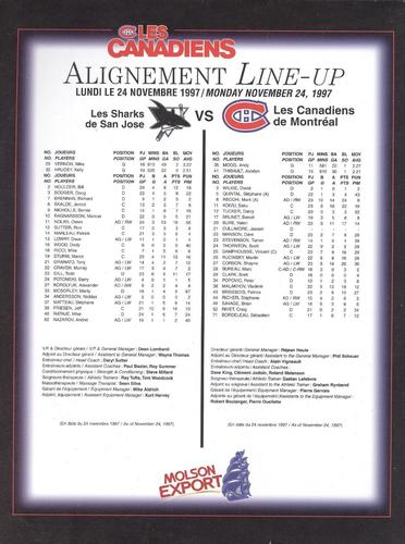 1996-97 Montreal Canadiens Line-Up Sheets #NNO Vincent Damphousse Back
