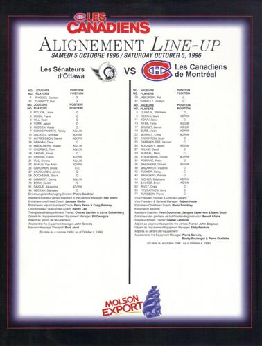 1996-97 Montreal Canadiens Line-Up Sheets #NNO Pierre Turgeon Back