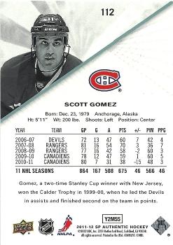 2011-12 SP Authentic #112 Scott Gomez Back