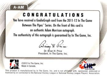2011-12 In The Game Between The Pipes - Authentic Goaliegraph #A-AM Adam Morrison Back
