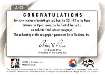 2011-12 In The Game Between The Pipes - Authentic Goaliegraph #A-CJ Chad Johnson Back