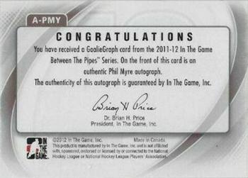 2011-12 In The Game Between The Pipes - Authentic Goaliegraph #A-PMY Phil Myre Back