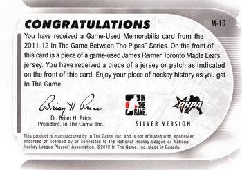 2011-12 In The Game Between The Pipes - Game Used Patch Silver #M-10 James Reimer Back