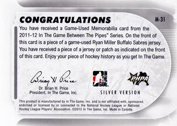 2011-12 In The Game Between The Pipes - Game Used Jersey Silver #M-31 Ryan Miller Back