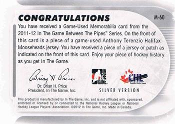2011-12 In The Game Between The Pipes - Game Used Jersey Silver #M-60 Anthony Terenzio Back