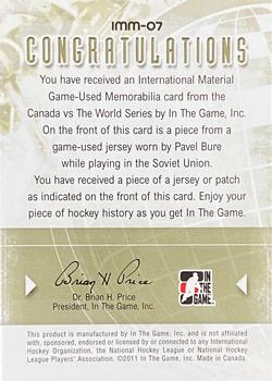 2011-12 In The Game Canada vs. The World - International Materials Black #IMM-07 Pavel Bure Back