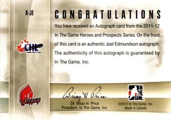 2011-12 In The Game Heroes and Prospects - Autographs #A-JE Joel Edmundson Back