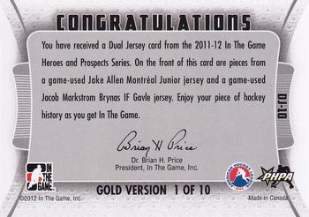 2011-12 In The Game Heroes and Prospects - Dual Jerseys Gold #DJ-10 Jake Allen / Jacob Markstrom Back
