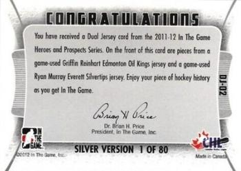 2011-12 In The Game Heroes and Prospects - Dual Jerseys Silver #DJ-02 Griffin Reinhart / Ryan Murray Back