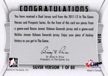 2011-12 In The Game Heroes and Prospects - Dual Jerseys Silver #DJ-14 Boone Jenner / Nicklas Jensen Back