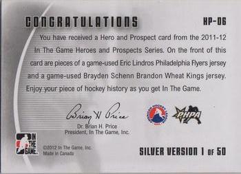2011-12 In The Game Heroes and Prospects - Hero and Prospect Jerseys Silver #HP-06 Eric Lindros / Brayden Schenn Back