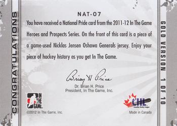2011-12 In The Game Heroes and Prospects - National Pride Jerseys Gold #NAT-07 Nicklas Jensen Back