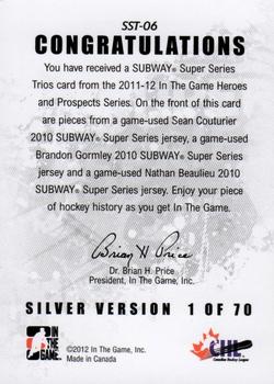 2011-12 In The Game Heroes and Prospects - Subway Series Trios Jerseys Silver #SST-06 Sean Couturier / Brandon Gormley / Nathan Beaulieu Back