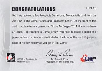 2011-12 In The Game Heroes and Prospects - Top Prospects Jerseys Black #TPM-12 Shane McColgan Back