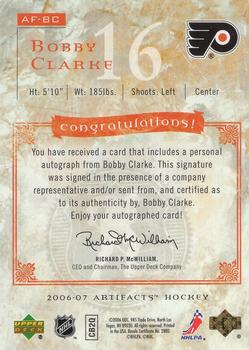2006-07 Upper Deck Artifacts - Auto-Facts #AF-BC Bobby Clarke Back