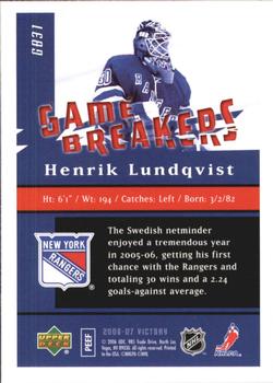 2006-07 Upper Deck Victory - Game Breakers #GB31 Henrik Lundqvist Back