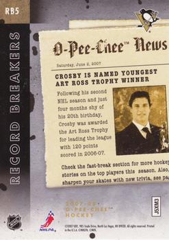 2007-08 O-Pee-Chee - Record Breakers #RB5 Sidney Crosby Back