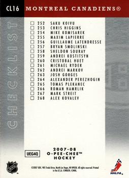2007-08 O-Pee-Chee - Team Checklists #CL16 Montreal Canadiens Back