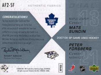 2007-08 SP Game Used - Authentic Fabrics Duals #AF2-SF Mats Sundin / Peter Forsberg Back