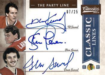2012-13 Panini Classics Signatures - Classic Lines Triple Autographs #CL-HAWK Al Secord / Steve Larmer / Denis Savard Front