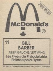 1982-83 McDonald's Stickers #11 Bill Barber Back