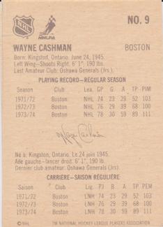 1974-75 Lipton Soup #9 Wayne Cashman Back