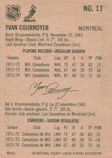 1974-75 Lipton Soup #13 Yvan Cournoyer Back