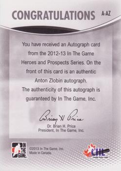 2012-13 In The Game Heroes and Prospects - Autographs #A-AZ Anton Zlobin Back