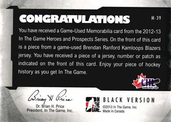 2012-13 In The Game Heroes and Prospects - Jersey Black #M-39 Brendan Ranford Back