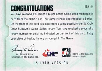 2012-13 In The Game Heroes and Prospects - Subway Super Series Jersey Silver #SSM-34 Michael St. Croix Back